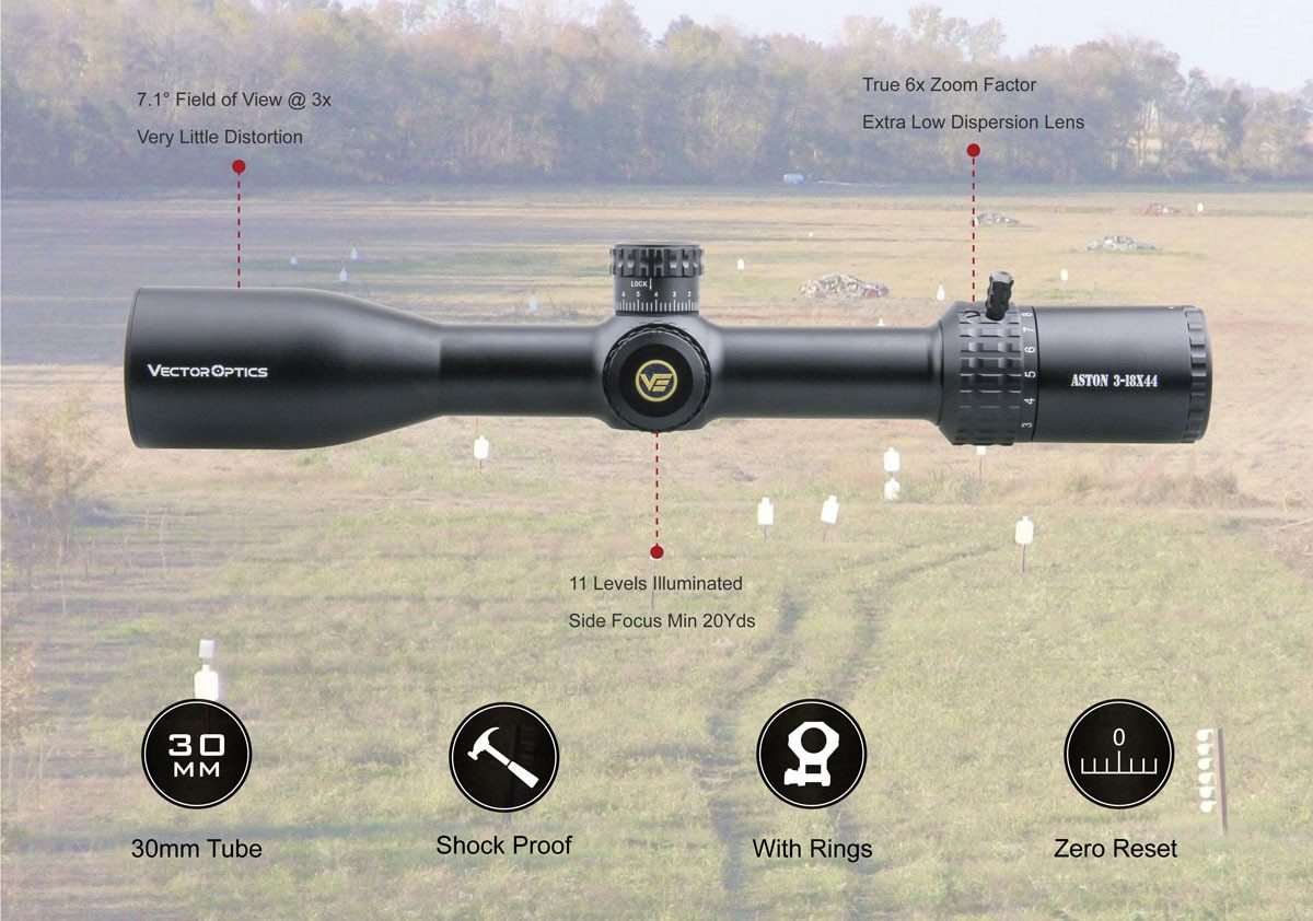 Optics Aston 3-18x44 Tactical riflescope showcasing its sleek design and advanced features for precision shooting.